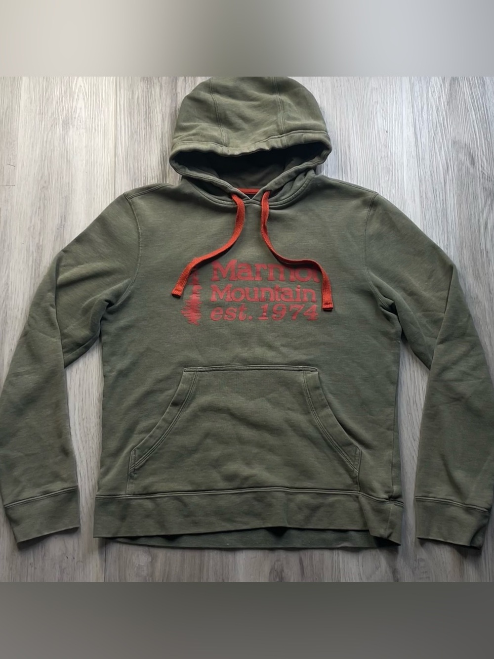 Marmot Olive Green Pullover Hoodie with Red Logo
